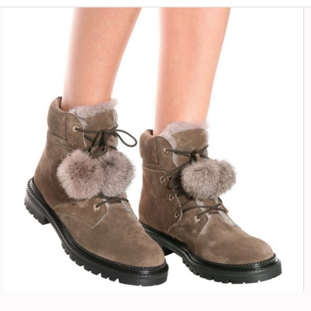 NEW Jimmy Choo Elva Brown Leather Pom Pom Combat Booties SZ 6